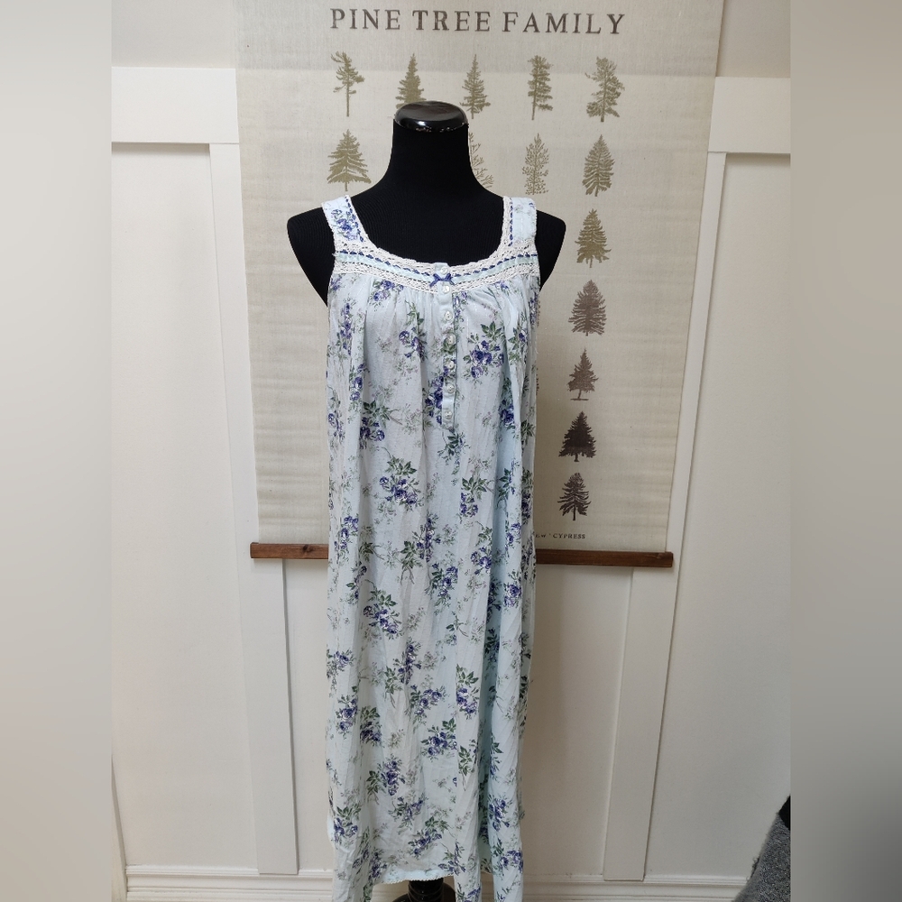 ​Aria Light Blue Floral Nightgown Sleeveless Lace Trim Cotton Blend Long